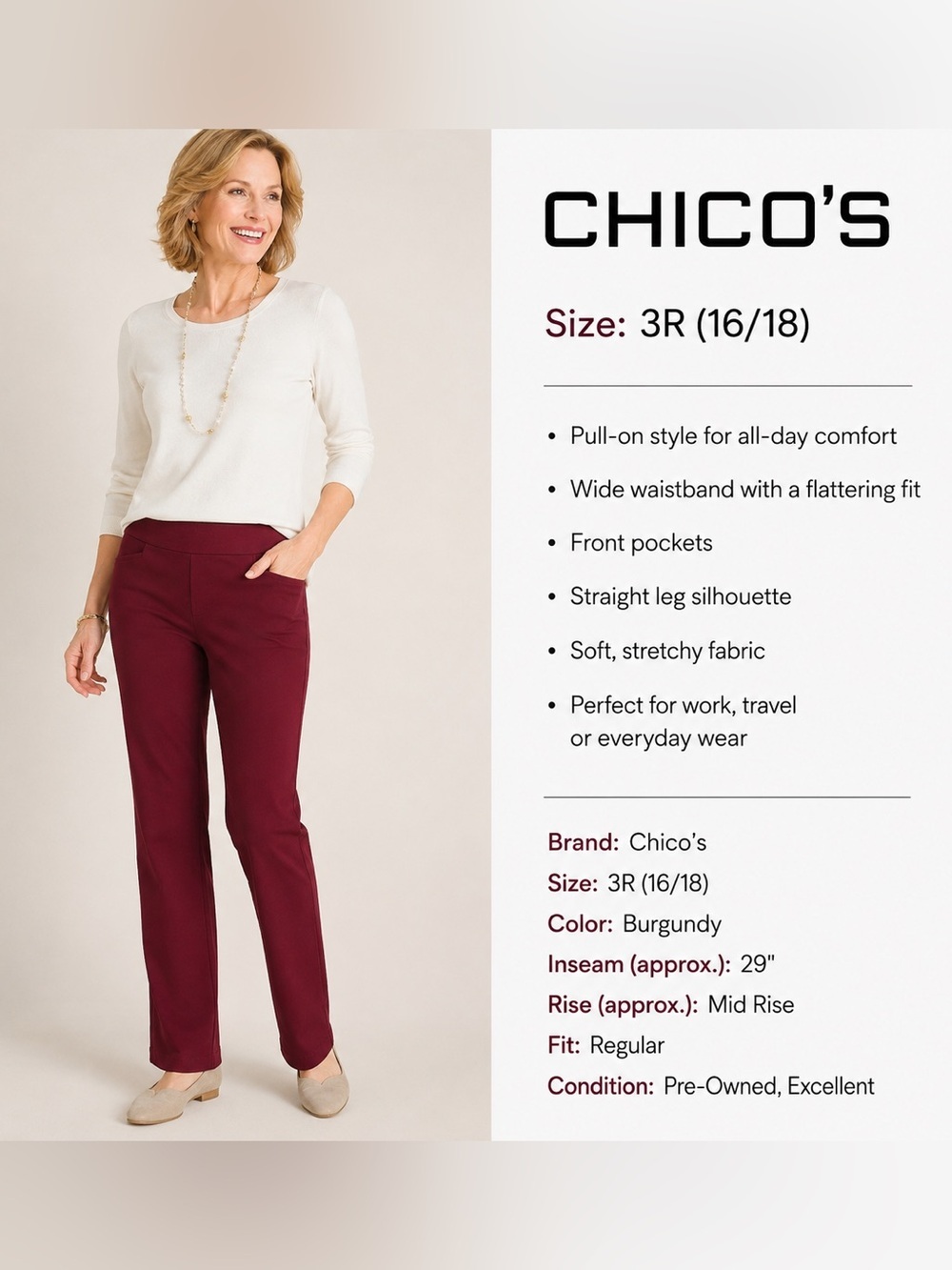 Chico's Women's stretch Pants Size 3R (16/18 L) Burgundy Red